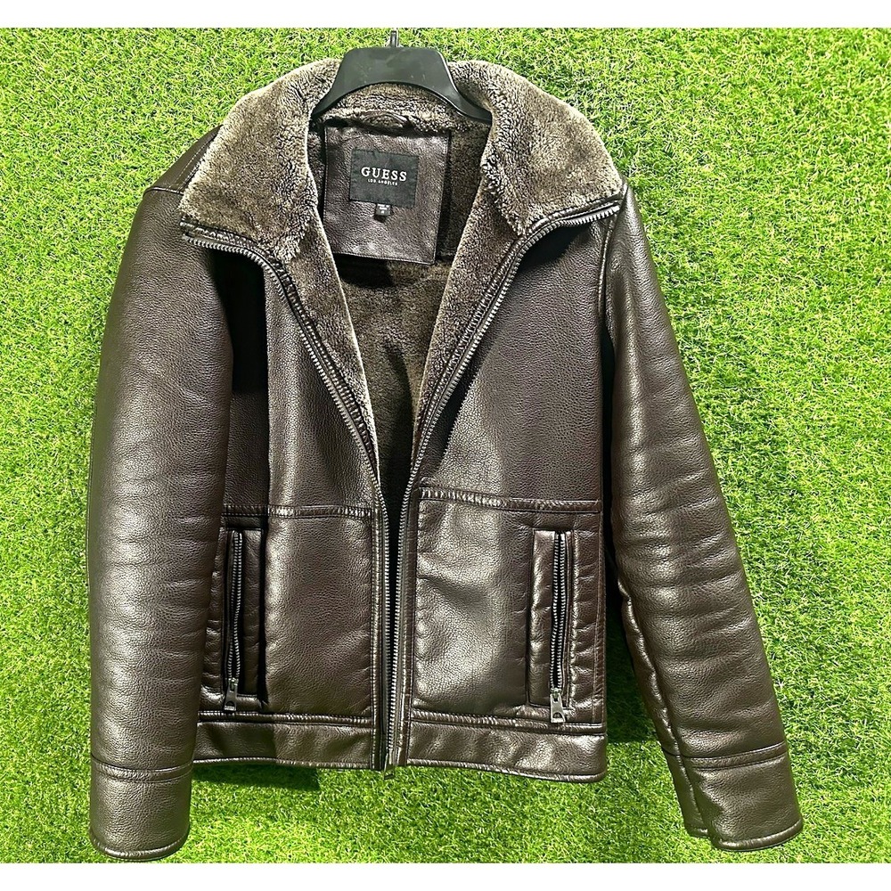 GUESS Mens Brown Faux Leather Bomber Jacket Faux Fur Lined Aviator Medium